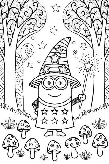 A coloring page of Minion Wizard’s Enchanted Forest Adventure Coloring Page