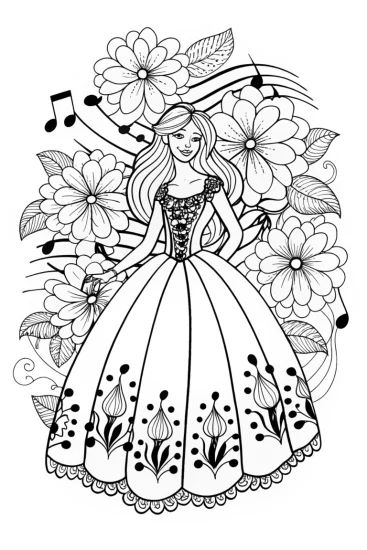 A coloring page of Barbie’s Enchanted Music Box Adventure Coloring Page