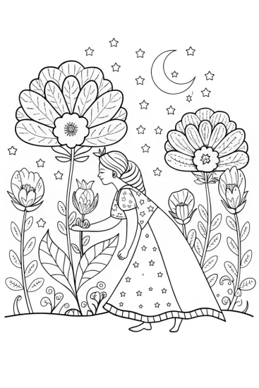 A coloring page of Princess in the Starlit Garden Coloring Page
