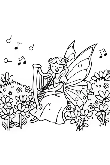 A coloring page of The Fairy Musician’s Garden Coloring Page