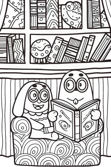 A coloring page of Bluey and Bingo’s Cozy Book Nook Adventure