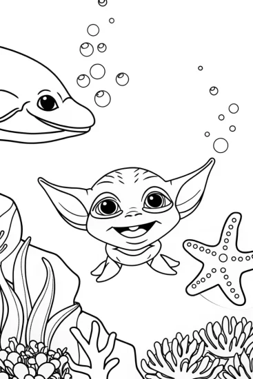 A coloring page of Baby Yoda’s Underwater Adventure Coloring Page