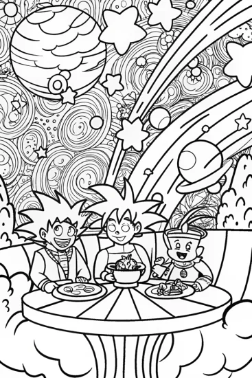 A coloring page of Goku’s Cosmic Tea Party Coloring Page