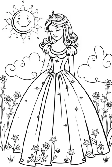 A coloring page of Celestial princess in a starlit garden coloring page