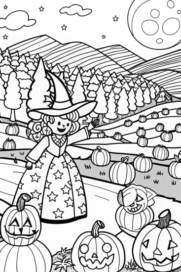 A coloring page of Witch and Her Pumpkin Patch Parade Coloring Page