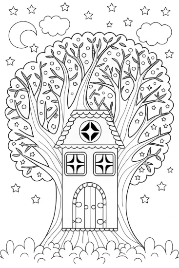 A coloring page of Starry Treehouse Adventure Coloring Page