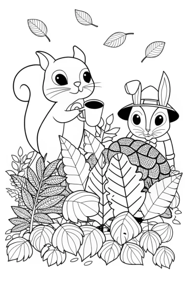 A coloring page of Autumn Treasure Hunt with Squirrel and Rabbit