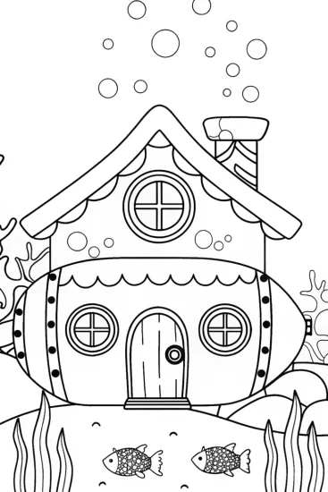 A coloring page of Gingerbread submarine in an underwater world coloring page