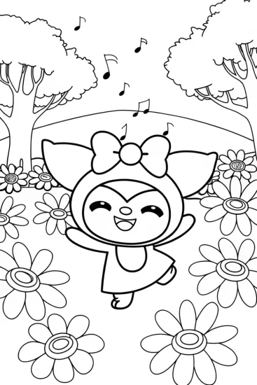 A coloring page of Kuromi’s Enchanted Music Garden Coloring Page