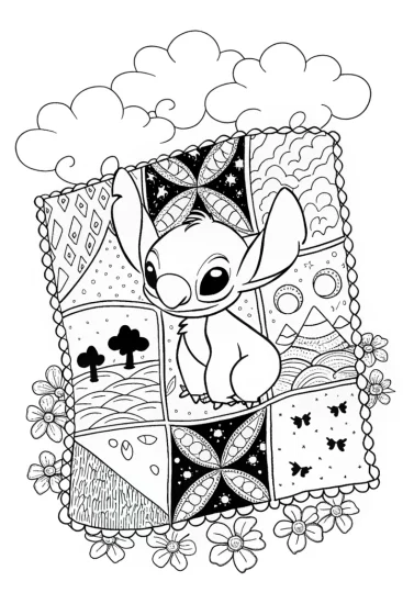 A coloring page of Stitch’s Dreamy Quilt Adventure Coloring Page