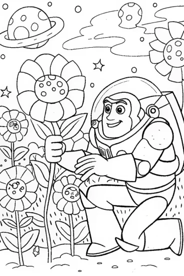 A coloring page of Buzz Lightyear’s Floral Galaxy Quest Coloring Page