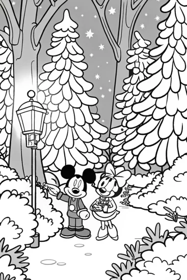 A coloring page of Mickey and Minnie in the Christmas Forest Coloring Page