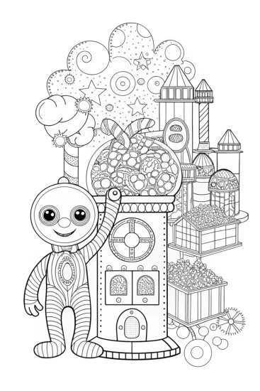 A coloring page of Huggy Wuggy and the Enchanted Factory Adventure