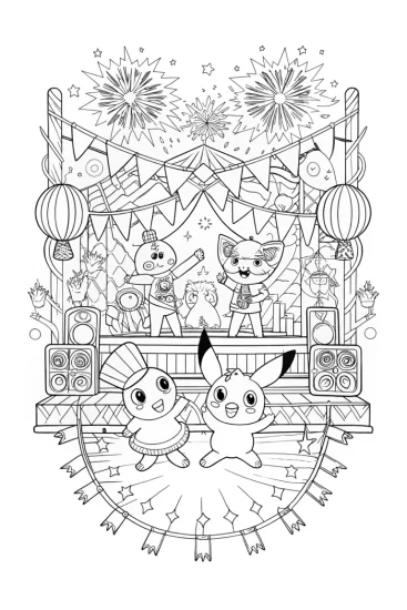 A coloring page of Dancing Pokémon Festival Coloring Page