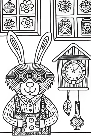 A coloring page of The March Hare’s Whimsical Workshop Coloring Page