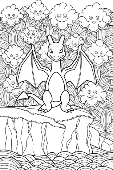 A coloring page of Charizard’s Majestic Cliffside Coloring Page