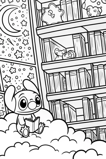 A coloring page of Stitch’s Galactic Library Adventure Coloring Page