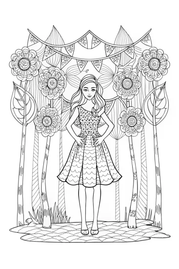 A coloring page of Barbie at the magical music festival