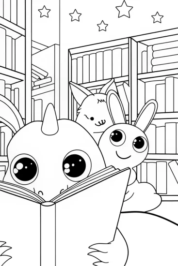 A coloring page of Rainbow Friends in the Enchanted Library Coloring Page