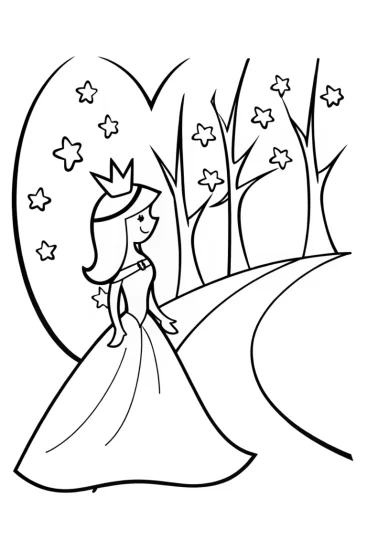 A coloring page of Princess and the Starry Night Path Coloring Page