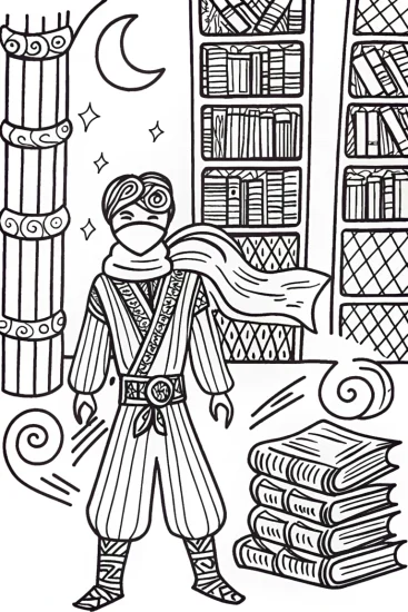 A coloring page of Ninja exploring the magical library