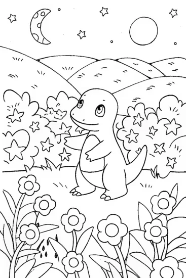 A coloring page of Charmander’s Firefly Friends Coloring Page