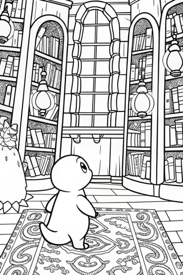 A coloring page of Charmander’s Enchanted Library Adventure Coloring Page