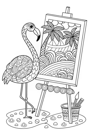 A coloring page of Flamingo Artist at the Beach Coloring Page