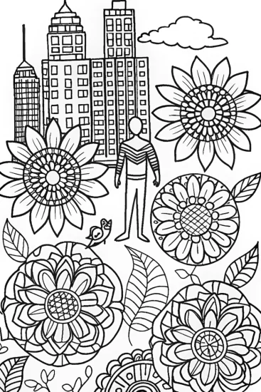 A coloring page of Miles Morales in a Dreamy Urban Jungle