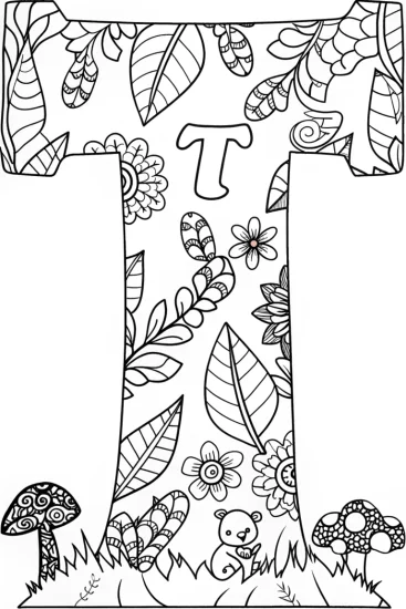 A coloring page of Letter ‘T’ in a Tranquil Forest Coloring Page