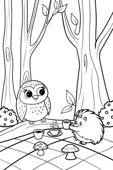 A coloring page of Autumn Tea Party with Owl and Hedgehog