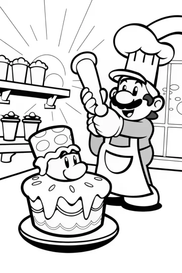 A coloring page of Mario’s Cake Decorating Challenge Coloring Page