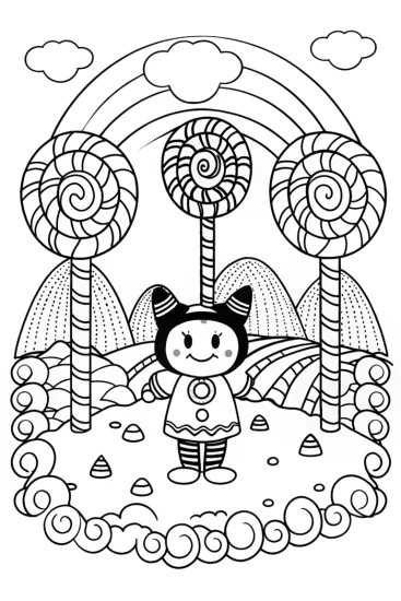 A coloring page of Kuromi’s Whimsical Candy Adventure Coloring Page