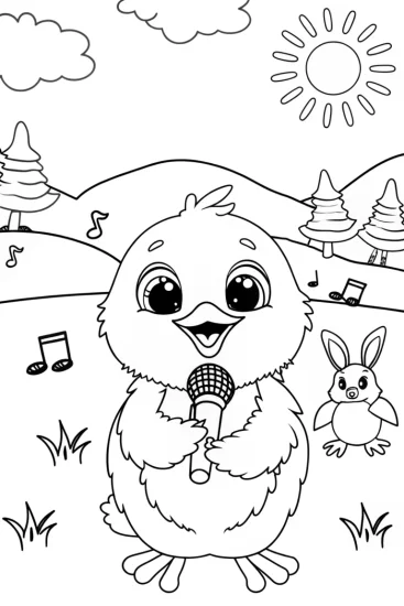 A coloring page of Chick’s Musical Meadow Jam Coloring Page