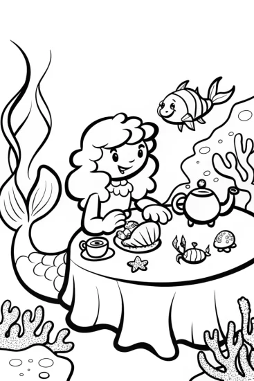 A coloring page of Mermaid Tea Party in the Coral Cove