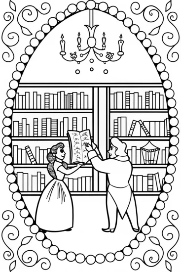 A coloring page of Belle and the Beast Library Adventure Coloring Page