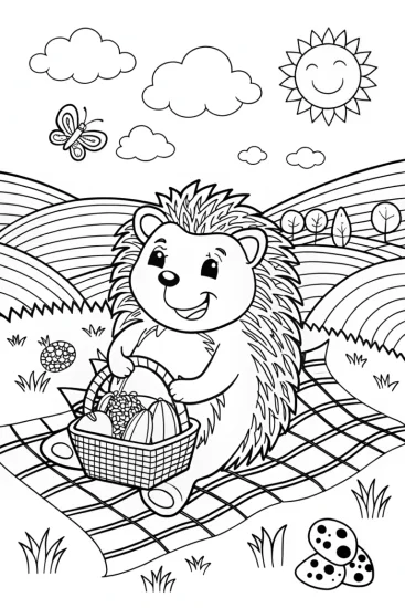 A coloring page of Hedgehog Picnic Coloring Page