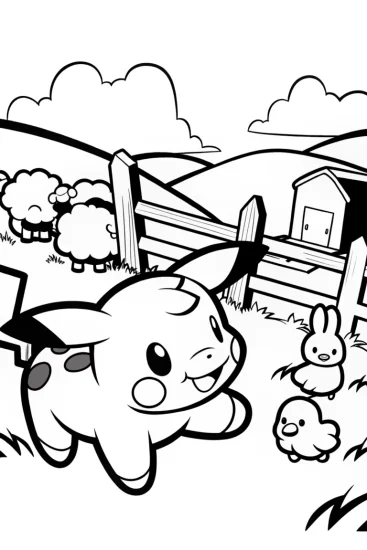 A coloring page of Pikachu’s Farm Adventure Coloring Page