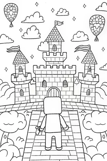 A coloring page of Minecraft Sky Castle Adventure Coloring Page