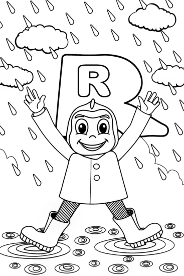 A coloring page of The Dancing Letter ‘R’ in the Rain Coloring Page