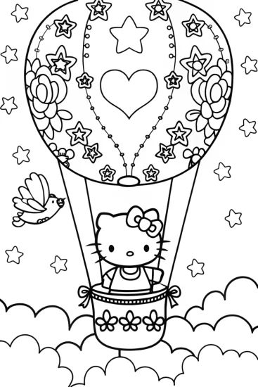 A coloring page of Hello Kitty in a Heart Balloon Journey