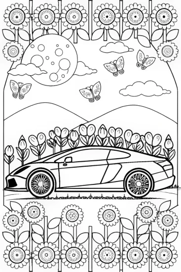 A coloring page of Lamborghini in the Enchanted Garden Coloring Page
