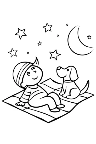 A coloring page of Stargazing with friends on a summer night