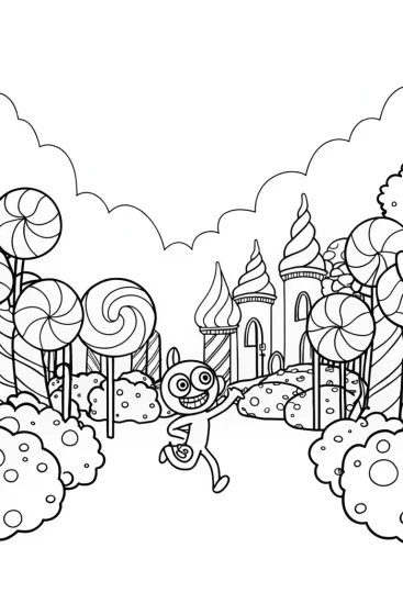 A coloring page of Huggy Wuggy’s Enchanted Candy Land Coloring Page