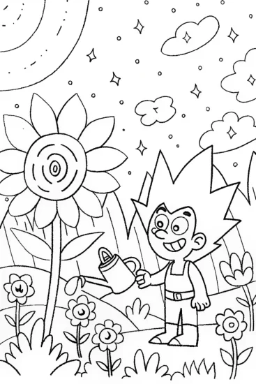 A coloring page of Goku in a cosmic garden escape coloring page