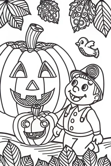 A coloring page of Mario’s Adventure in the Enchanted Pumpkin Patch