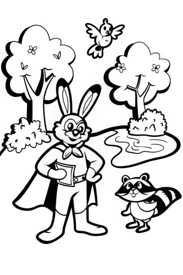 A coloring page of Superhero Bunny and Friends Coloring Page