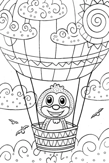A coloring page of Huggy Wuggy’s Dreamy Balloon Ride Coloring Page