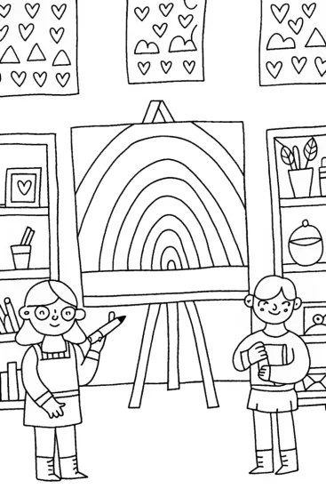 A coloring page of Rainbow High Students Creative Workshop Coloring Page