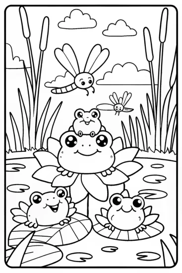 A coloring page of Whimsical Frog Family Adventure Coloring Page